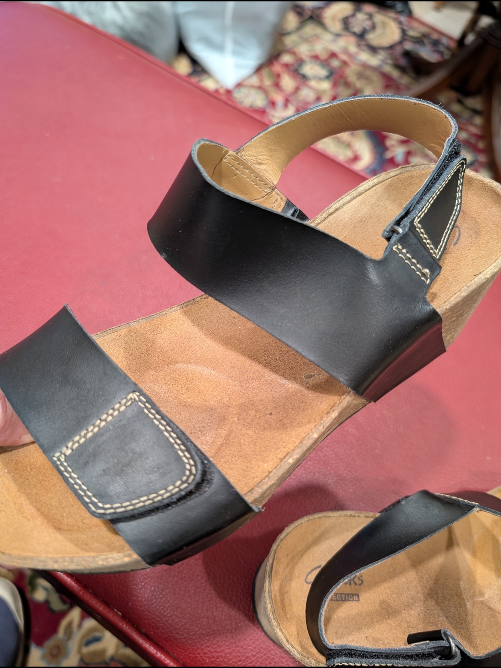 Clarks Black Leather Comfort Sandals with Wedge Heel